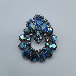 Vintage Blue AB Iridescent Rhinestone Leaf Prongset Brooch